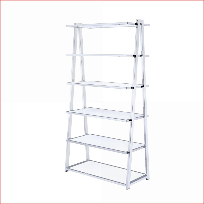 Bibliothèque contemporaine blanche neige ultrabrillante | 6 tablettes fixes | Chrome | Bois synthétique