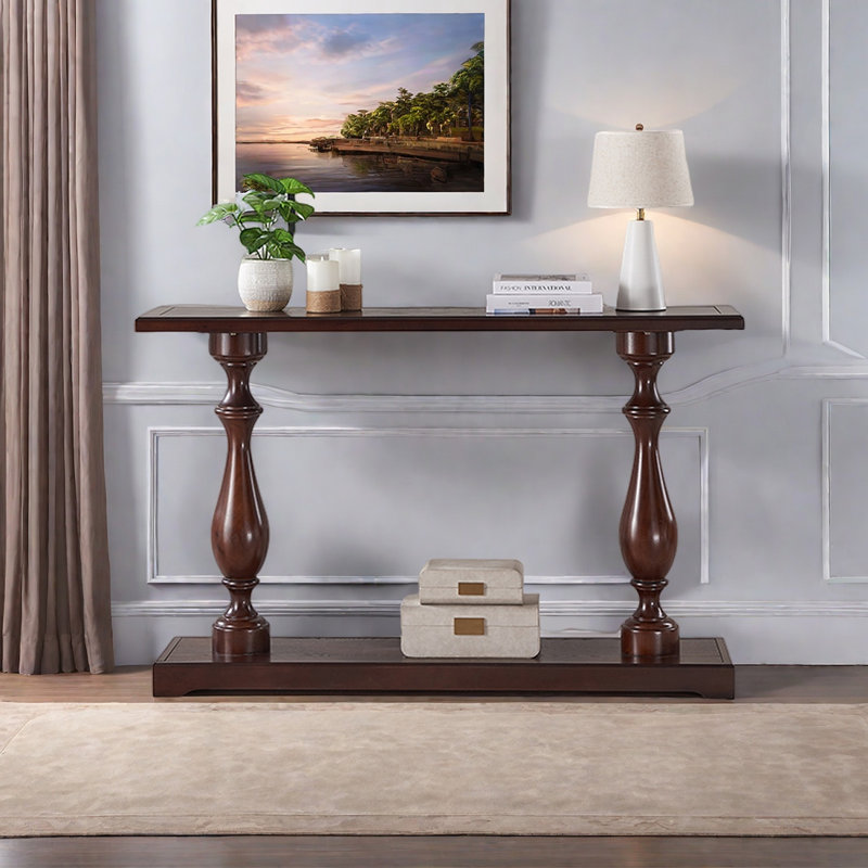 Console à colonne romaine de style américain., H 34,65 po x l 55,12 po x P 13,78 po, Marron foncé
