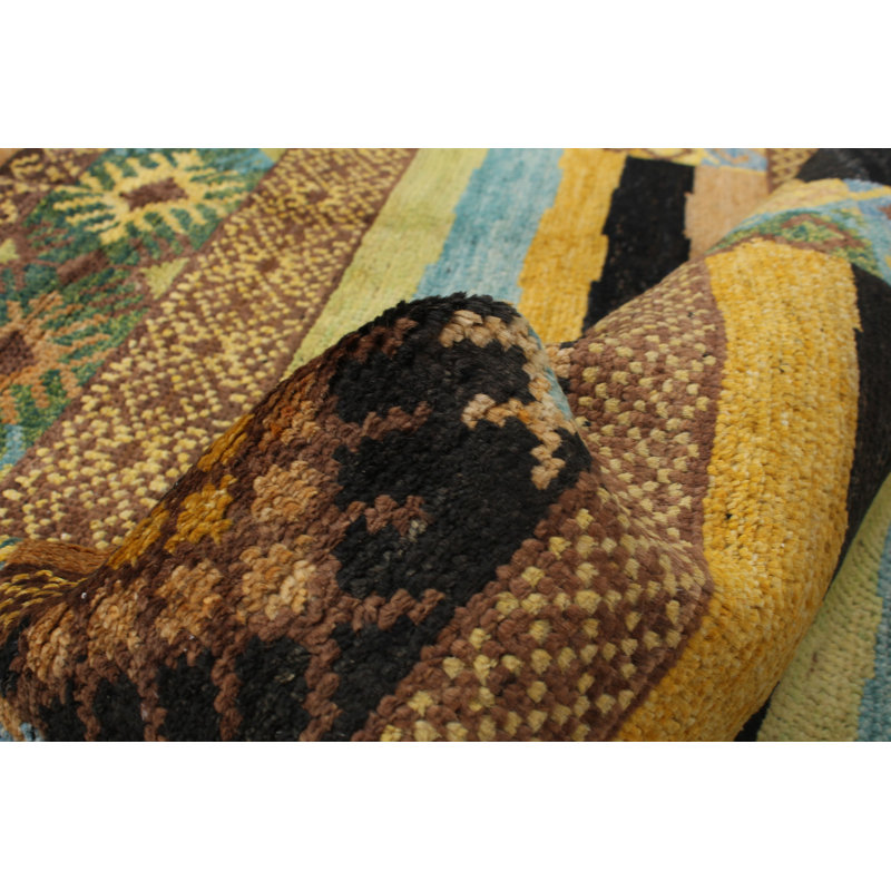 Tapis unique en laine noué à la main mauve / turquoise des années 2010 de 6 pi 3 po x 9 pi Awudi