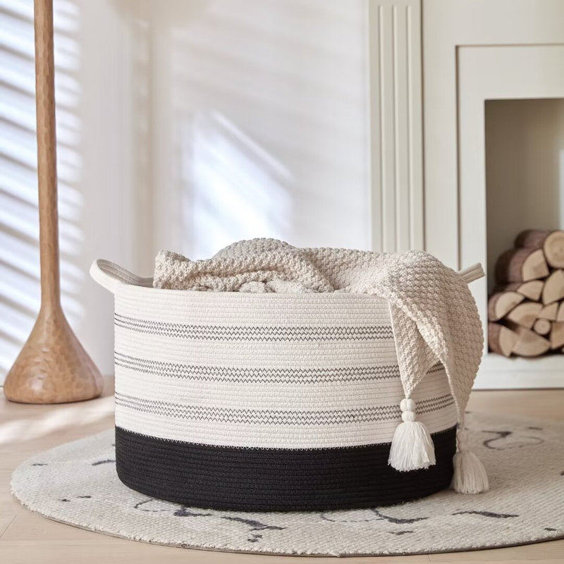 Grand panier à corde en coton, panier à couverture pour le salon, panier à linge pour bébé avec poignée, Blanc / noir