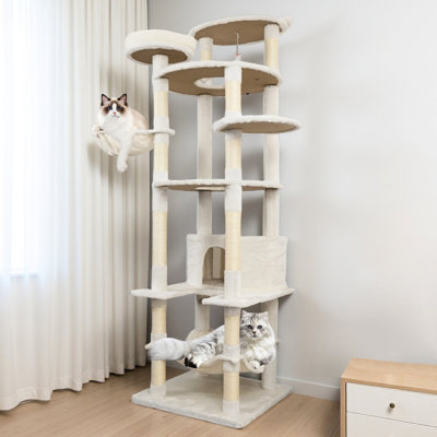 Arbre à chat de 78 pouces de couleur beige, avec corde, gros et perchoirs - Tour facile à monter pour les propriétaires avec poteaux à gratter en corde, grand jeu sécuritaire