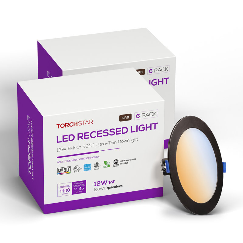 Luminaire encastré mince DEL 6 po 5CCT avec boîte de jonction, à intensité variable, en aluminium, IRC 90, bronze huilé