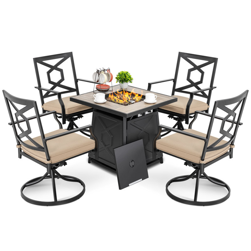 5-piece Patio Furniture Set With Fire Pit Table, 28-inch 50,000 Btu Propane Gas Cabinet Fire Pit Table With Cover And 4 Dining Swivel Chairs With Padded Cushions, Black With Gold Speckles And Beige Color