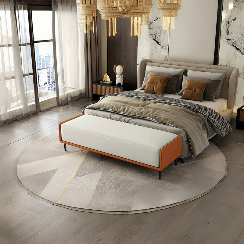 Banc rembourré en similicuir Custom Home, Orange / blanc cassé, H 16,53 po x l 59,05 po x P 15,74 po