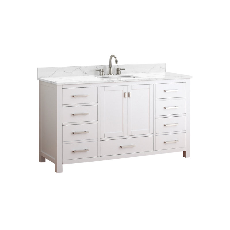 Meuble-lavabo simple 60 po avec plateau Souther, Blanc, Marbre blanc de Cala, Nickel brossé