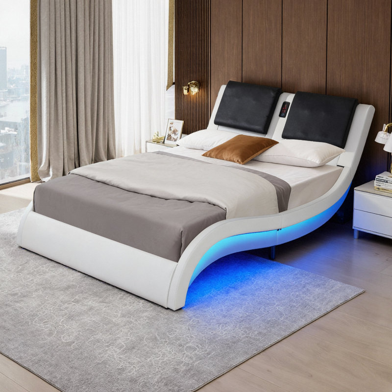Base de lit plateforme moderne avec éclairage DEL, haut-parleurs Bluetooth et massage par vibration, support à lattes de bois, sans sommier