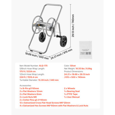 Hose Reel Cart, Hold Up to 175 ft of 5/8’’ Hose (Hose Not Included), Garden Water Hose Carts Mobile Tools with Wheels, Heavy-Duty Powder-coated Steel Outdoor Planting for Garden, Yard, Lawn
