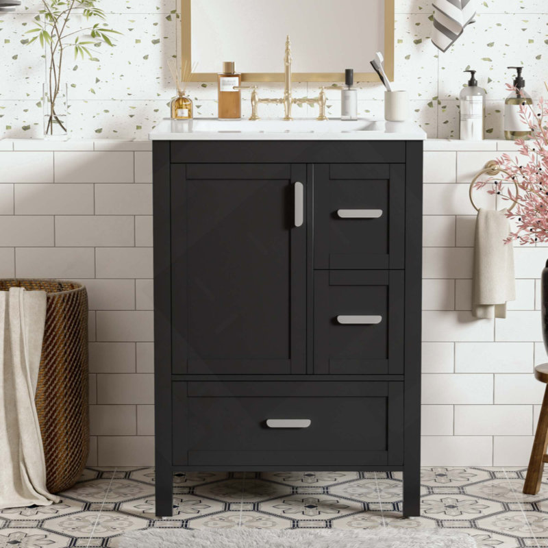 Meuble-lavabo moderne avec lavabo en céramique, porte à fermeture douce, tablette de porte double couche et 3 tiroirs, Noir