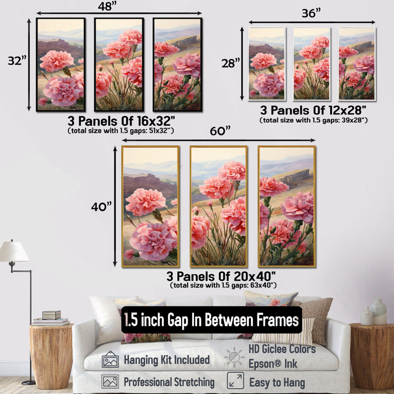 «Carnations Charm In Mountain Scenery», ensemble d'art sur toile, Cadre flottant noir, H 32 po x l 48 po x P 1 po