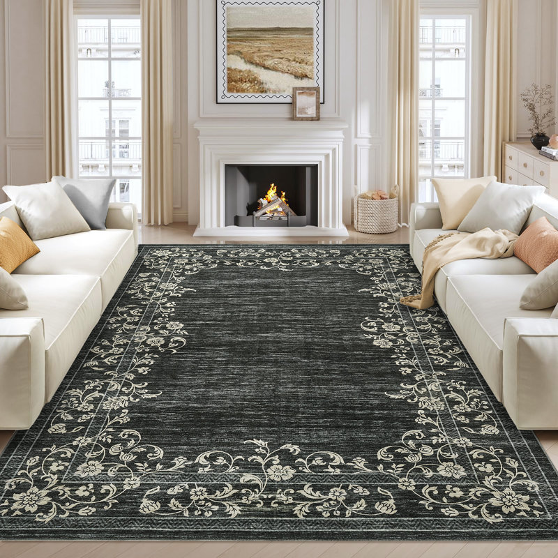Tapis antidérapant lavable à la machine pour le salon Bordure florale à motif vieilli rétro, Rectangle 5 pi x 7 pi