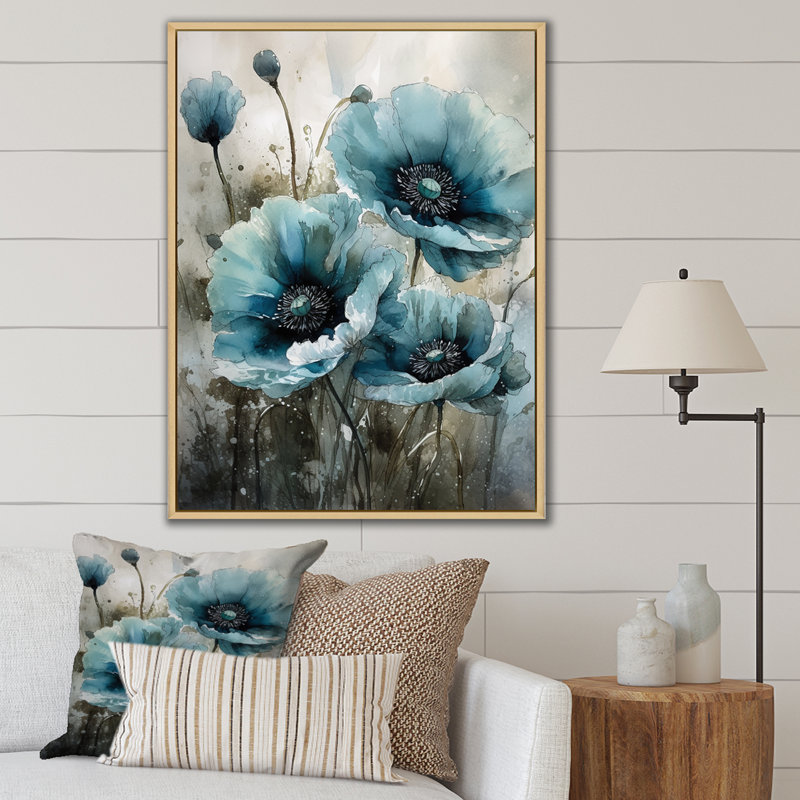 Fleurs de pavot bleu pâle et blanches II sur toile, Cadre naturel flottant, H 44 po x l 34 po x P 1,5 po