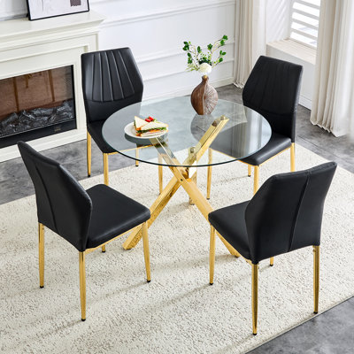 Round Dining Table Set For 4,  Glass Dining Room Table Set, 5-Piece Kitchen Table And Chairs Set, For Living Room, Small Space (Include 4 Chairs)