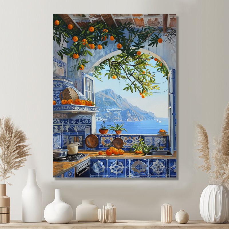 Fenêtre vue de la mer méditerranée cuisine oranges I - cuisine, art mural, H 44 po x l 34 po x P 1,5 po, Toile tendue