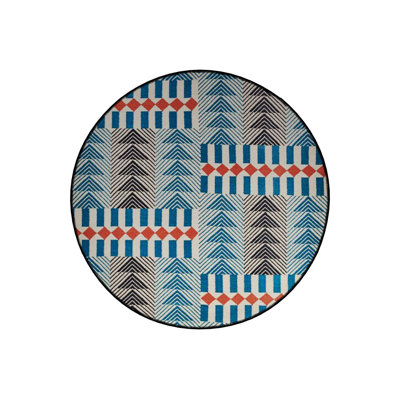 Round Blue Shapes Woven Base Modern Decorative Machine Washable Rug