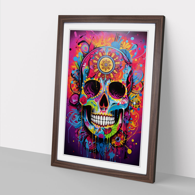 Sugar Skull Action Painting No.2 - Single Picture Frame Print on Wood, 34cm H x 25cm W x 2cm D, Walnut