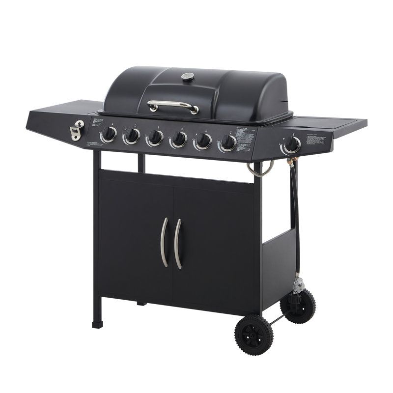 Gril à gaz propane de 576 po² de surface de cuisson avec 6 brûleurs principaux, 1 brûleur latéral et une grille de maintien au chaud pour les repas en famille. Bac à graisse de surface. Nettoyage facile.