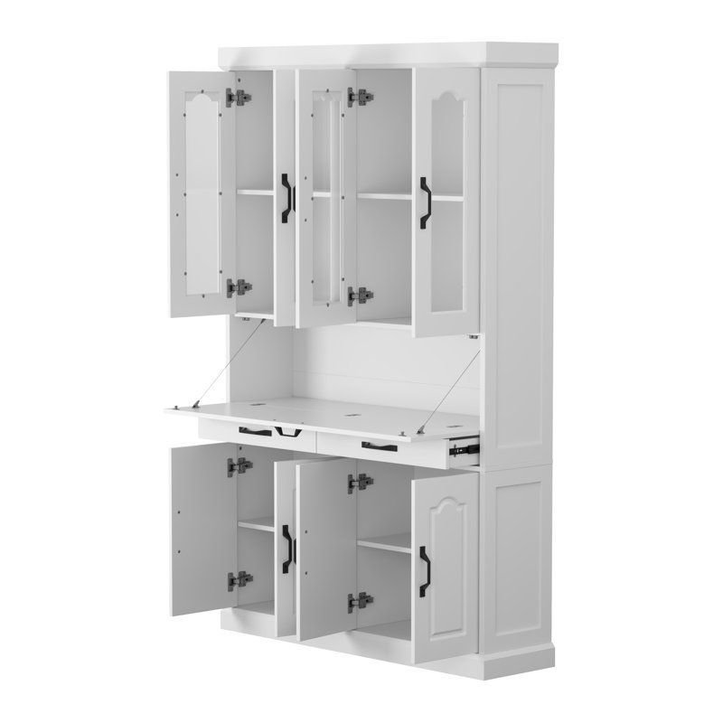 Secrétaire-bibliothèque blanche de 190 cm de haut avec bureau rabattable, portes vitrées, 2 tiroirs et trousse antibasculement