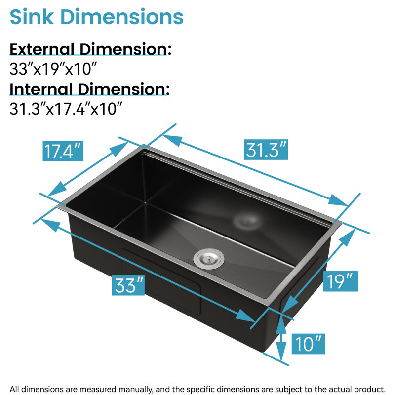 Modern Stainless Steel Kitchen Sink 33X19 - Black With Soundproof Padding Basin Handmade Precision And Cutting Board, Black