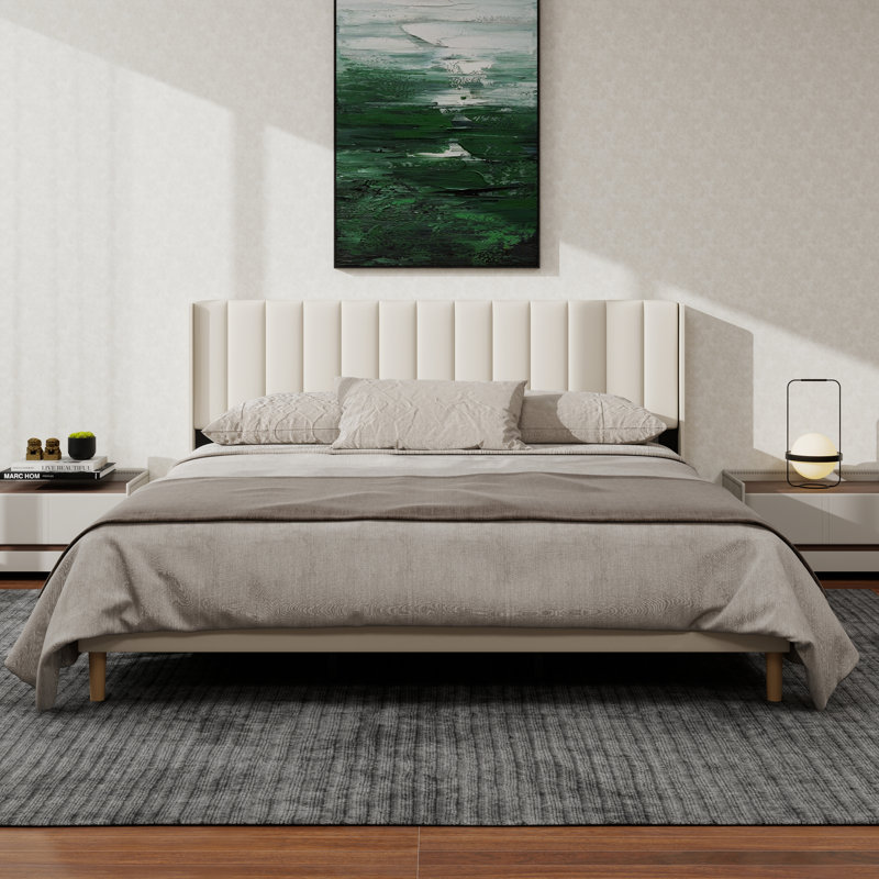 Upholstered Platform Bed Frame With Wingback, Beige, King