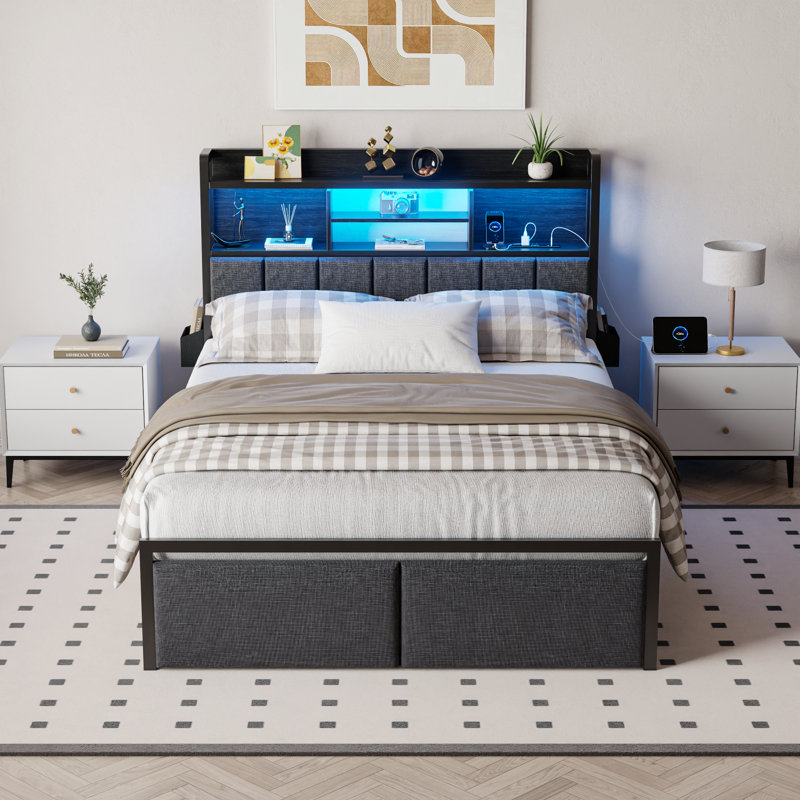 Upholstered Bed Frame with 2 Storage Drawers, Modern Full Platform Bed with Charging Station & LED Light, No Spring Box Needed
