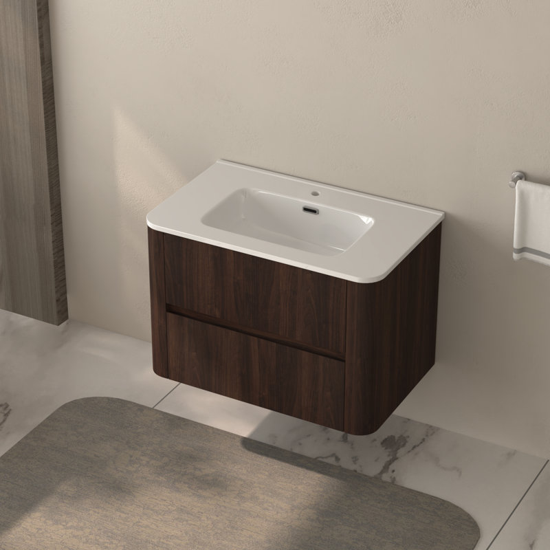 Meuble-lavabo mural flottant 30 po avec lavabo intégré, deux tiroirs, finition noyer foncé, construction, rangement spacieux, installation rapide pour les petits tiroirs de salle de bain et lavabo en céramique blanche
