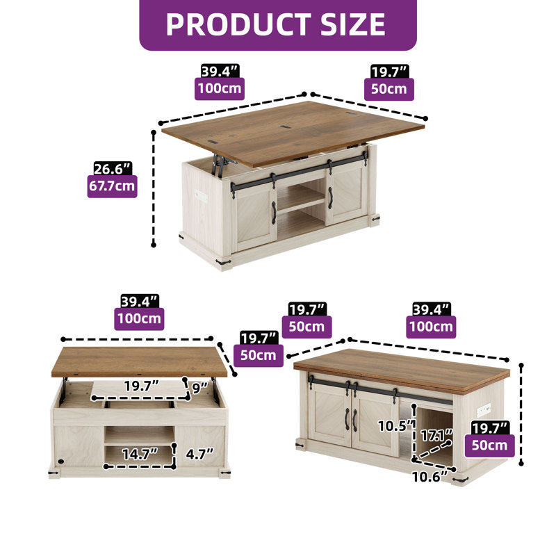  Extendable Lift Top Coffee Table With Storage Sliding Barn Door & Power Outlets