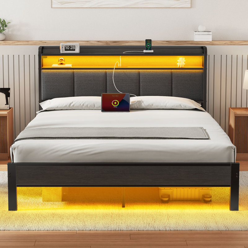 Modern Upholstered Platform Bed with Storage, Headboard, USB Charging Station & LED Lights, Twin, Gray, With Drawer