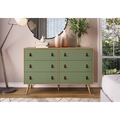 Large 6-Drawer Dresser in Green Finish – Engineered Wood Cabinet with Leather-Style Handles and Angled Wooden Legs – Modern Storage for Bedroom, Livin by genialflex