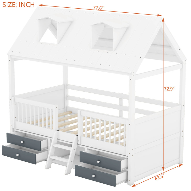 Lit simple pour enfants, blanc - Lit de jeu amusant avec échelle, toit, lanterneaux et rangement