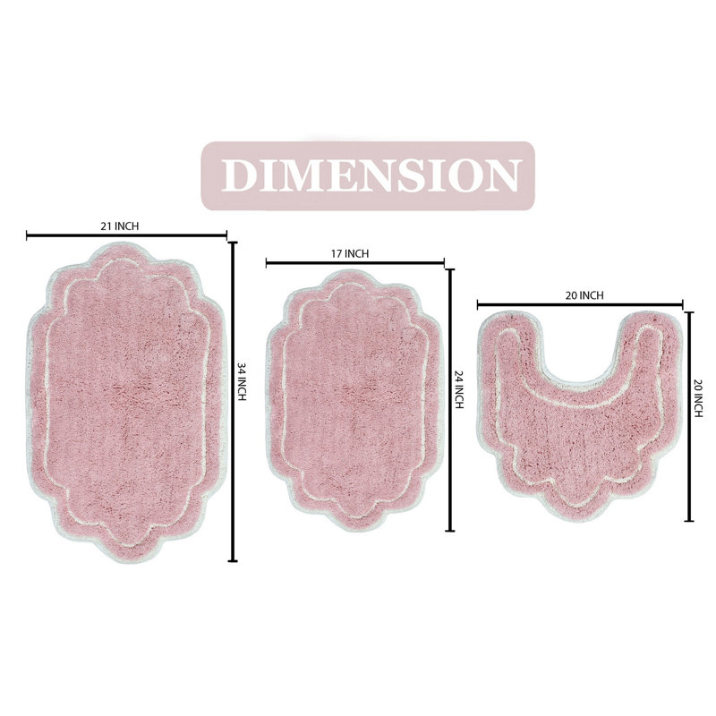 Dobrinka Cotton Bath Rug Set, Machine Washable, Quick Dry, Non-Slip, Absorbent - 3 Piece Set with Contour, Pink
