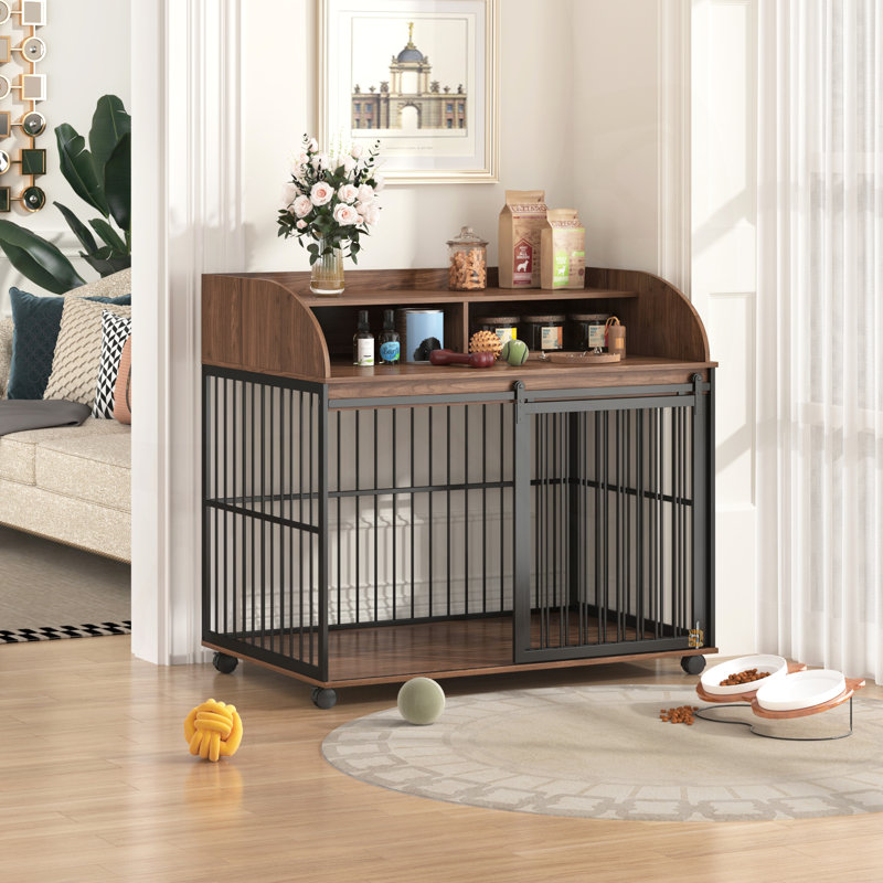 Versatile Heavy Duty Dog Crate with Lockable Wheels and Double Layer Storage