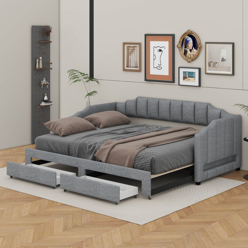 Lit de jour rembourré simple TG avec très grand lit simple avec 2 tiroirs de rangement et lumière DEL, Gris