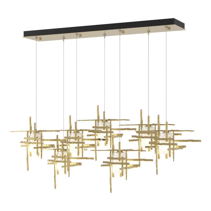 Tura 7-Light Glass Rectangular Pendant, 30" - 80", Seeded Clear, Modern Brass