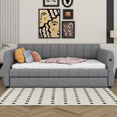 Queen Size Upholstered Platform Bed With USB And Trundle, Modern Wooden Bed Frame With Wood Slats Support