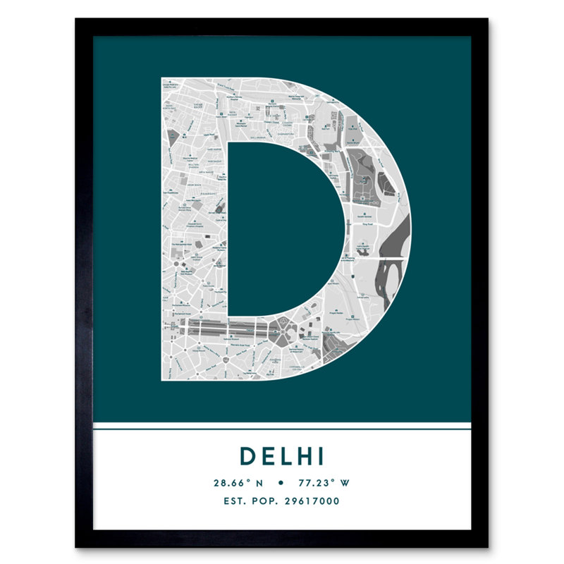 Delhi City Map Delhi Teal - Single Picture Frame Typography