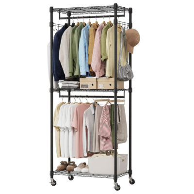 Portant à vêtements roulant robuste, 75 cm de large, garde-robe portable à 3 niveaux avec étagères réglables, portant autoportant pour suspendre les vêtements