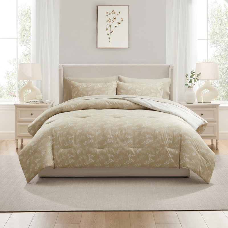 Nestl Botanical Bed in a Bag 7 piece Comforter Set with Sheets & Pillow Shams, Oatmeal/Offwhite