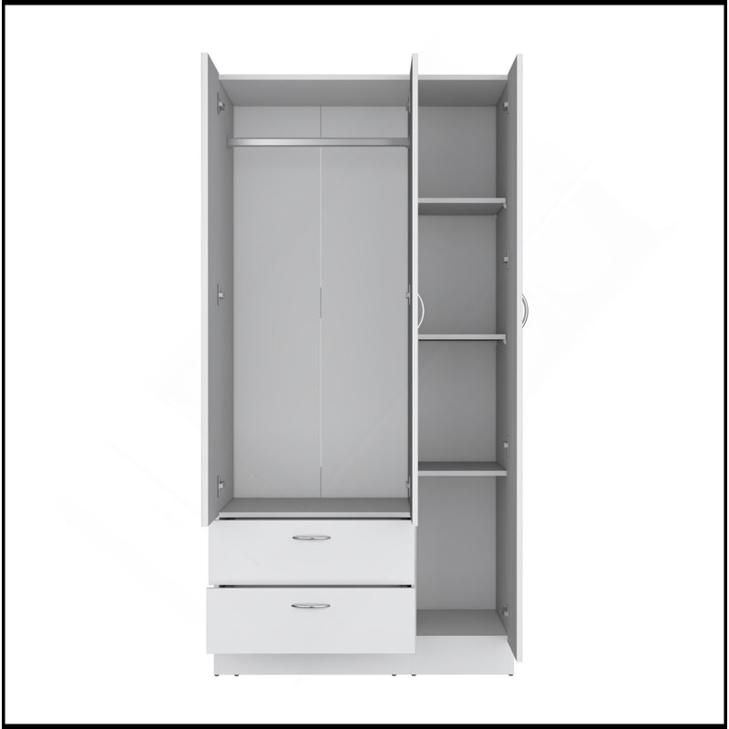 Wardrobe With 3 Doors, One With Mirror, Two Drawers, Four Shelves And Hanging Bar,White, White