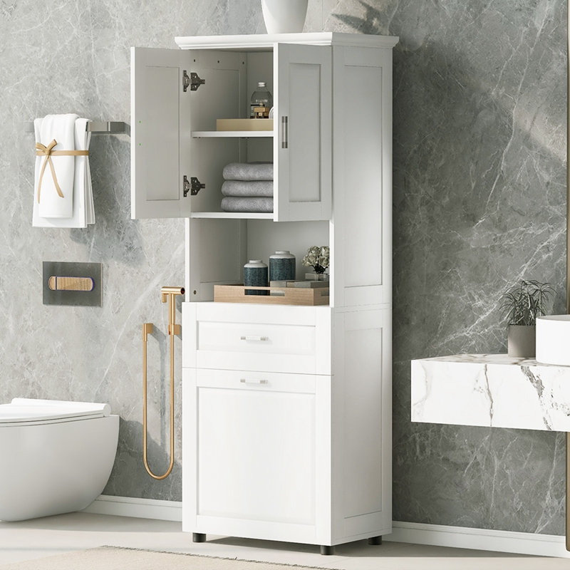 Tall Bathroom Cabinet with Laundry Basket, White