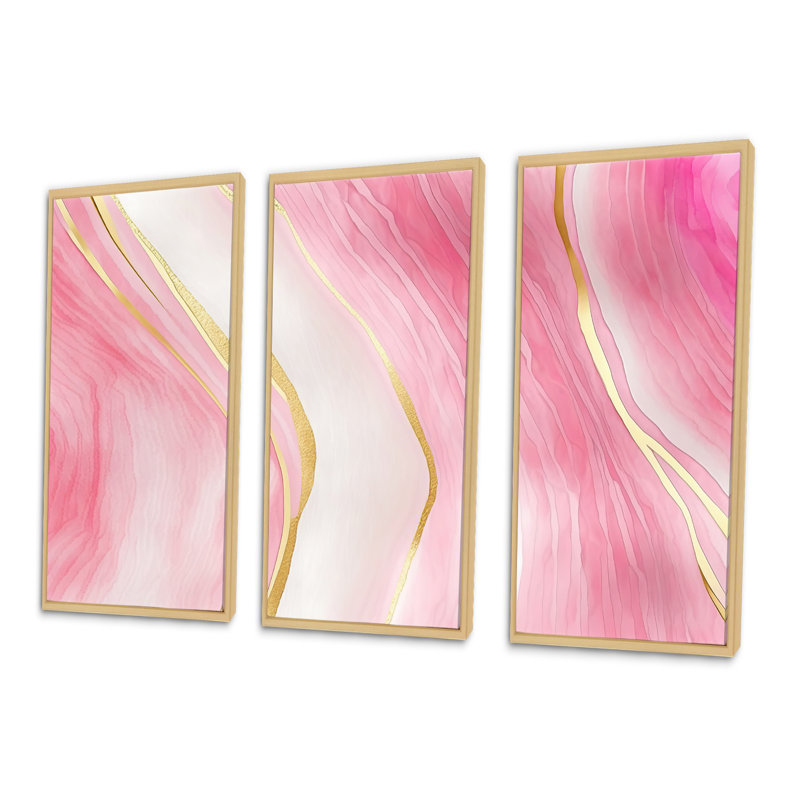 «Abstract Geode Marble Waves Pink II», reproduction sur toile 3 pièces, H 28 po x l 36 po x P 1 po, Cadre flottant brun