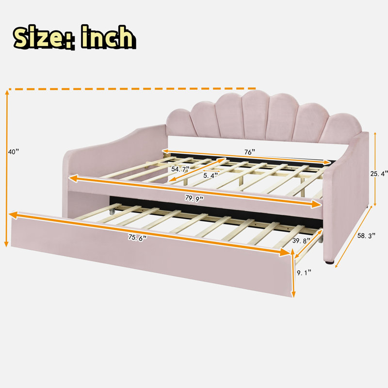 Upholstery Velvet Daybed Frame With Shall Shaped Backrest And Trundle, Pink