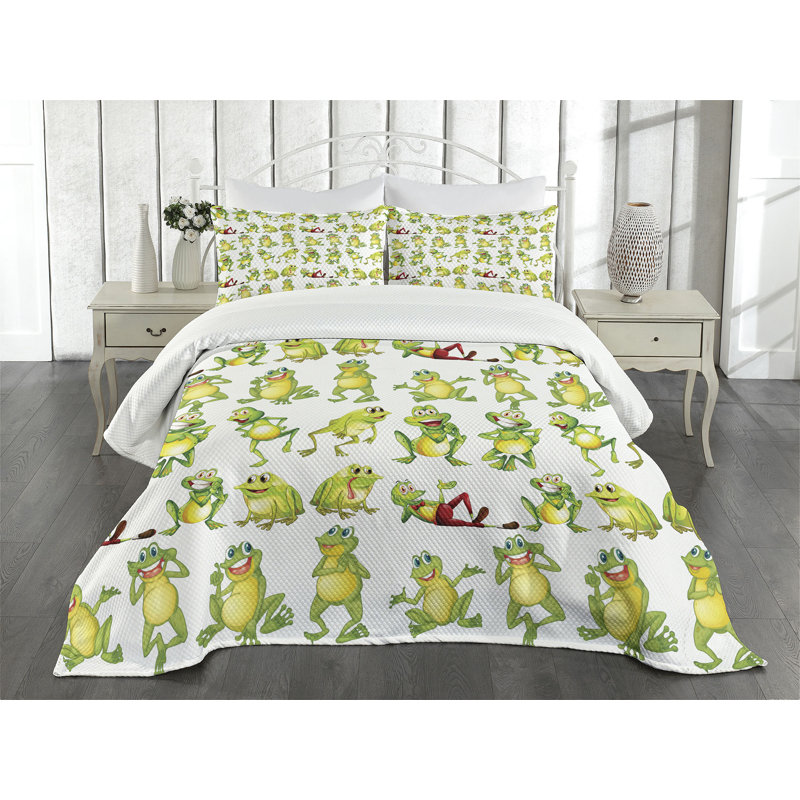Ambesonne Cartoon Bedspread Set Frogs Different Poses Green Yellow Red, King Bedspread + 2 Standard Shams