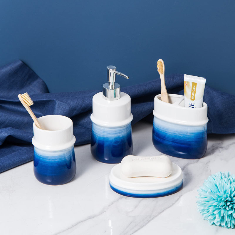 Navy Blue Bathroom Accessories Set, 4-Piece Blue Ceramic Bathroom Decorations Accessories Set,Contain Toothbrush Cup,Soap Dispenser,Soap Dish,Tumbler