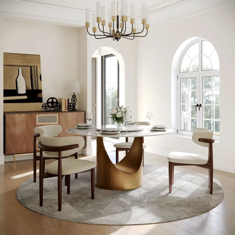 Modern Round Dining Table, Sintered Stone Tabletop With Lazy Susan, Carbon Steel Base Pre-Assembly, Glossy White