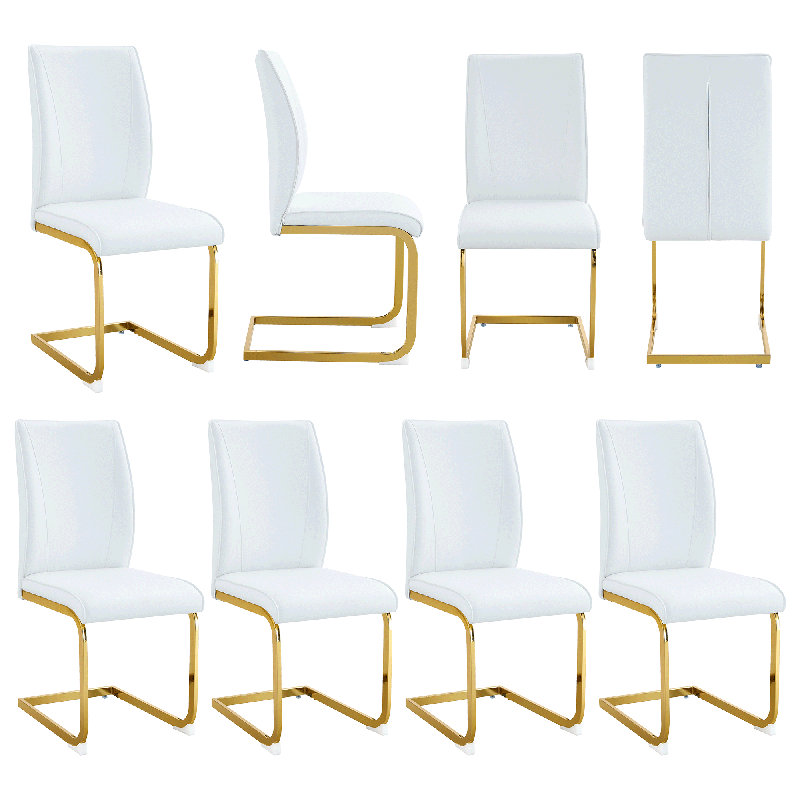  Chaises de salle à manger en polyuréthane avec pieds arqués en métal doré, ensemble de 8 chaises rembourrées à haute résilience pour salle à manger, blanc et or