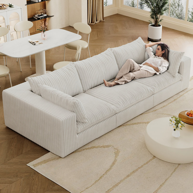 118.2" White Corduroy Deep Seat 3 - With Removable Cushions, Double Layer, No Assembly, Diy For Bedroom, Luxury Feather Filled, High Density Compression Cloud Ideal Conference Room And Living Room,