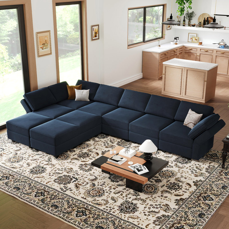 Wylodene 9-Piece Reversible Modular and Standard Velvet Sectional with Storage, Blue Velvet