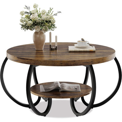 30" Round Rustic Coffee Table, 2-Tier Wood Desktop with Storage Shelf & Adjustable Feet