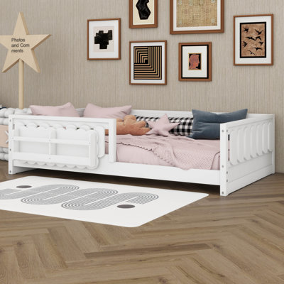 Floor Bed with Storage Shelves & Guardrails, Wood Montessori Floor Bed with Slats & Bookshelf, Low Profile Platform Bed Frame