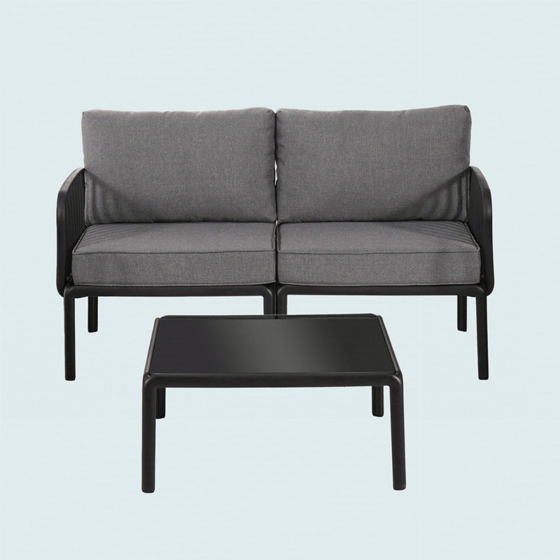Ensemble de conversation de patio 3 pièces, ensemble de mobilier modulaire d'extérieur moderne avec table basse carrée, siège profond à coussin épais imperméable